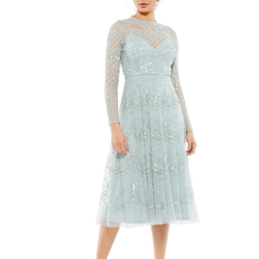 Mac Duggal 9142 Sequined Illusion Long Sleeve Midi Dress| Size 18